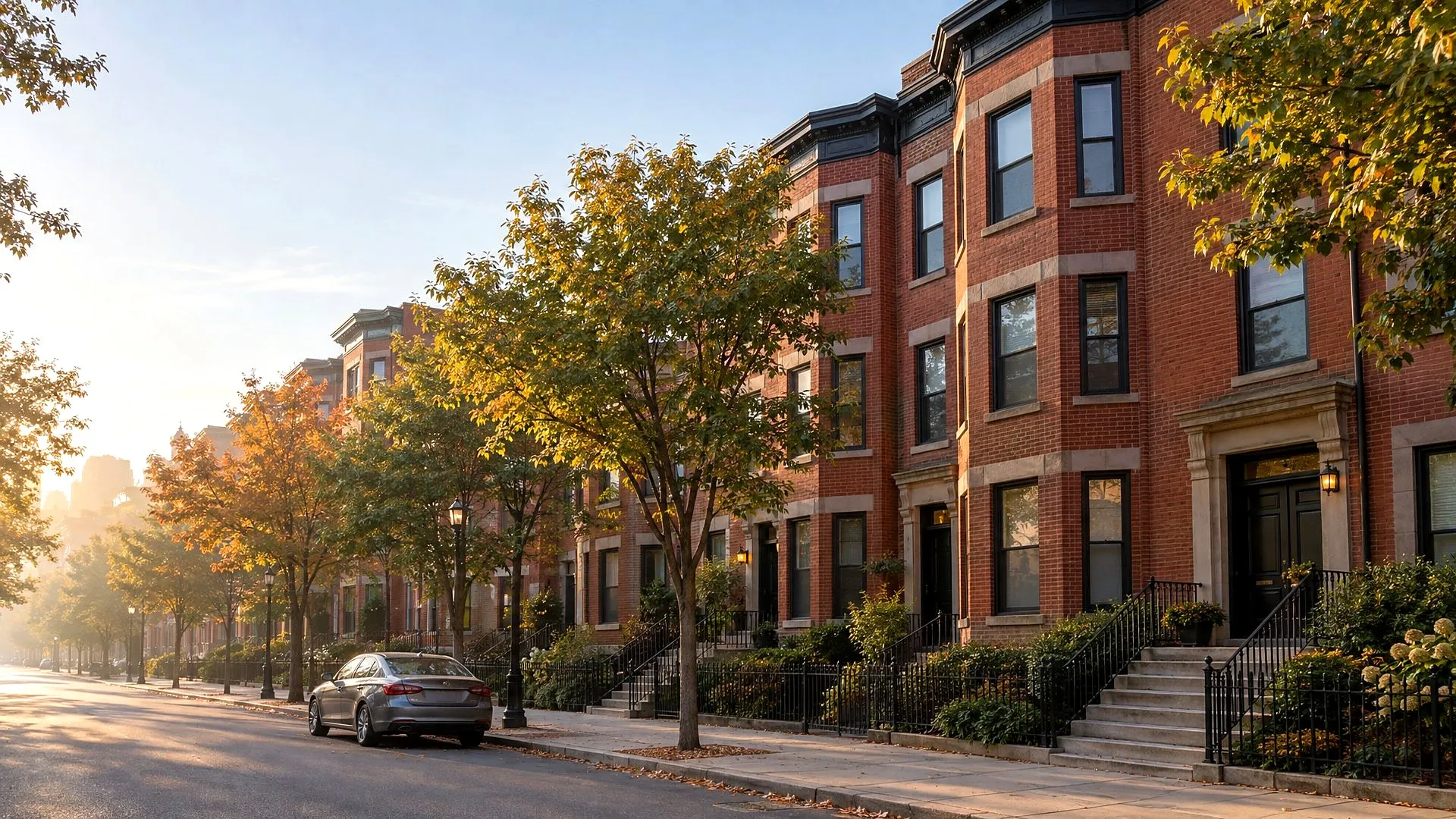 A quiet street of red brick rowhouses converted to small apartment buildings in morning light