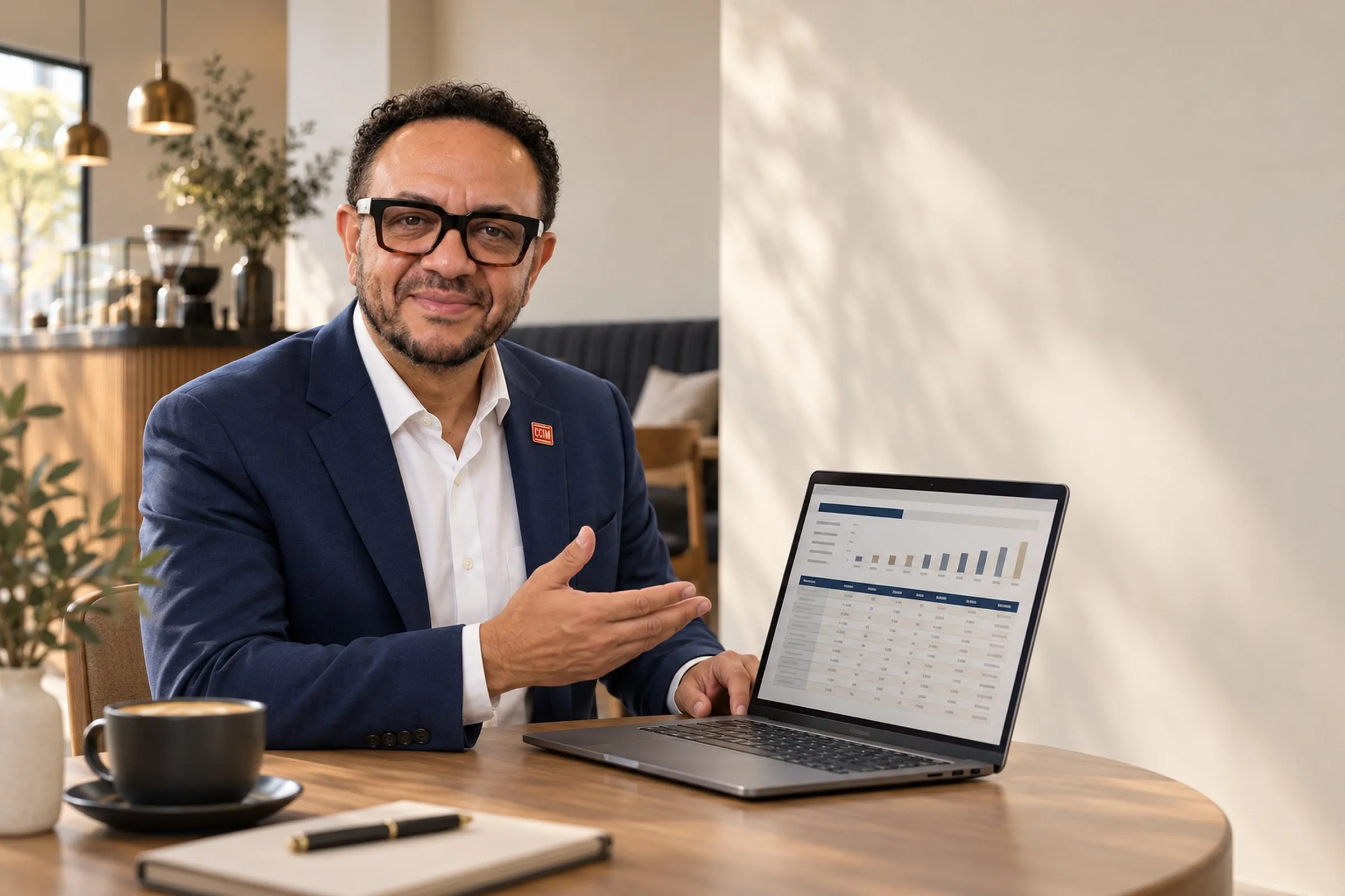 Shafiq Hirani at a laptop reviewing a lender package