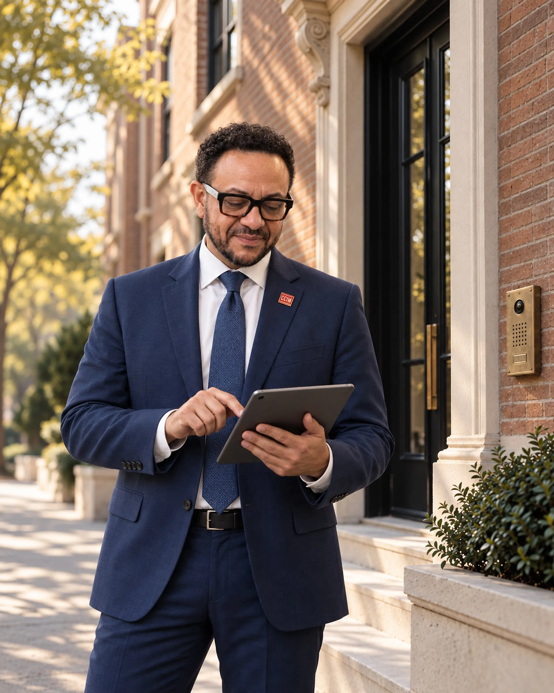 Shafiq Hirani reviewing a building file on a tablet outside a brick apartment building