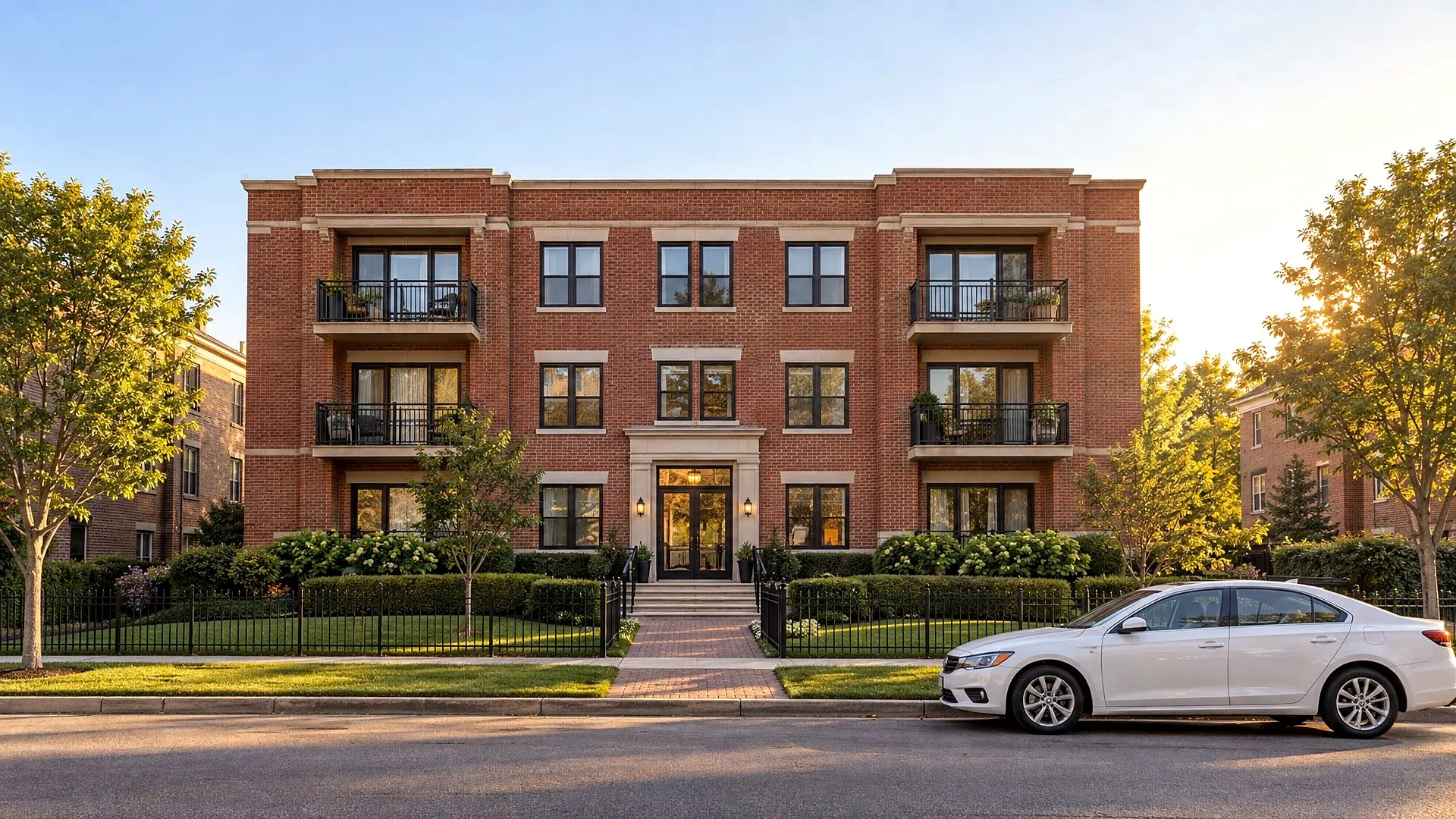 A well-kept brick apartment building at golden hour